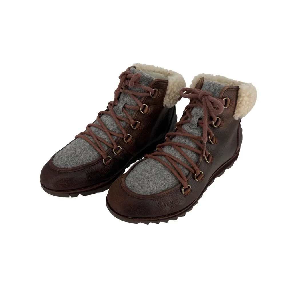 Sorel Harlow Lace Cozy Boots Women 9.5 Brown Leather Wool Hiker Ankle Waterproof
